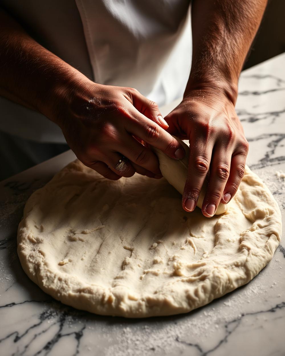 Hands stretching pizza dough on marble
